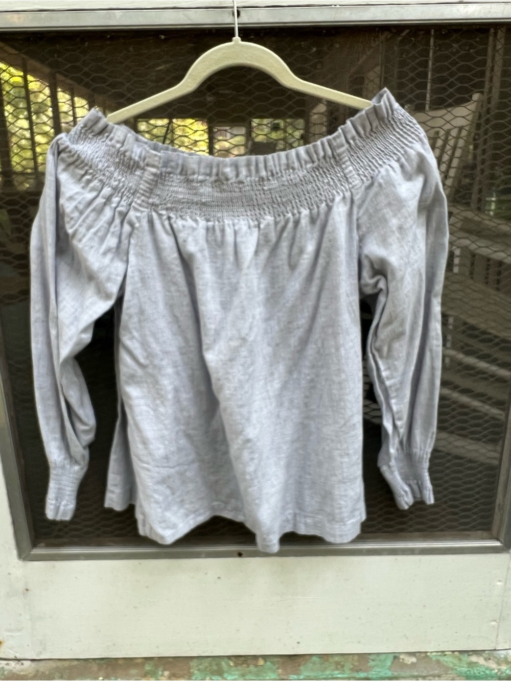 LOFT Light Gray Smocked Off-Shoulder Blouse
